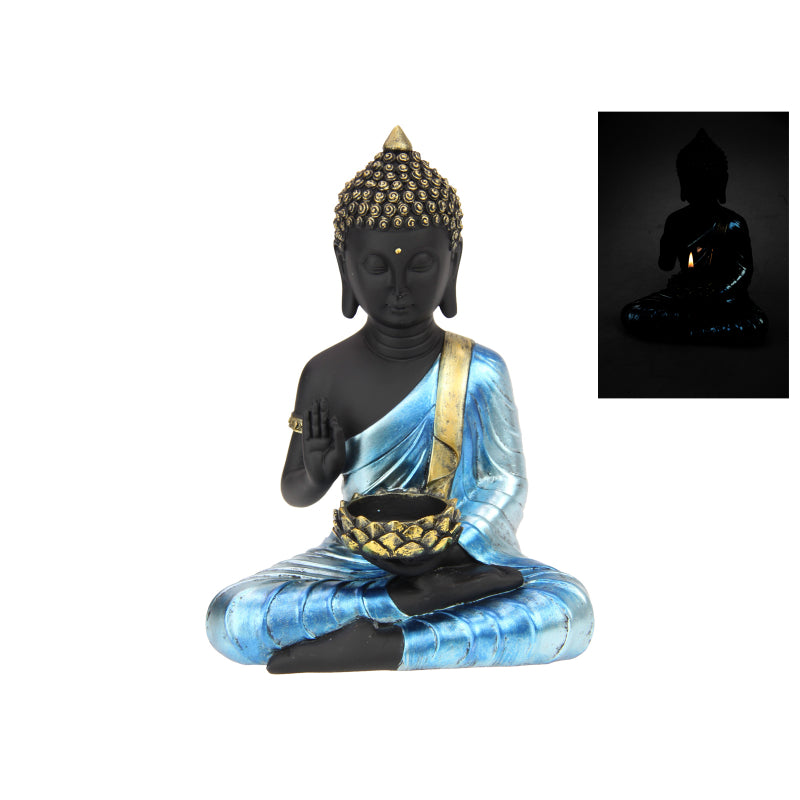 RULAI BUDDHA WITH TEALIGHT HOLDER BLUE SHINE 20CM UNIT 2