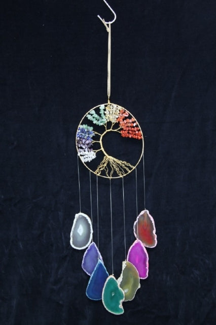 WINDCHIME TREE OF LIFE CHAKRA GEMSTONE WITH AGATE SLAB 15CM