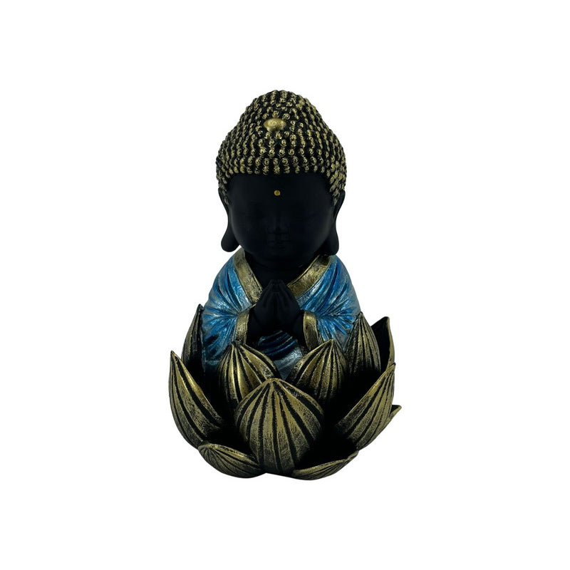 RULAI BUDDHA WITH BLUE ROBE SITTING IN LOTUS FLOWER 14CM UNIT 2