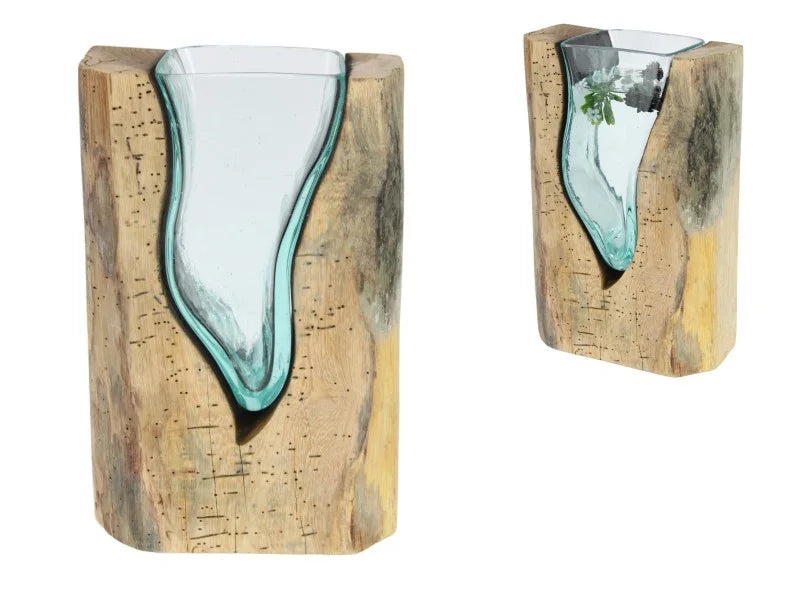 GLASS BLOWN VASE IN TIMBER STAND DÉCOR 16X10X25CM