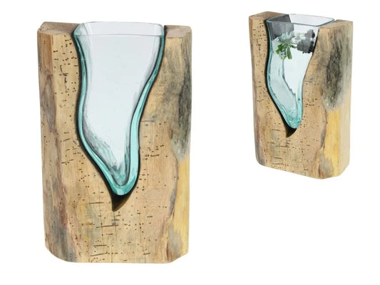 GLASS BLOWN VASE IN TIMBER STAND DÉCOR 16X10X25CM