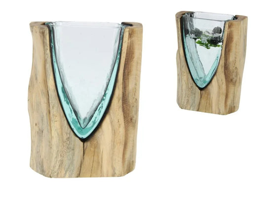 GLASS BLOWN VASE IN TIMBER STAND DÉCOR 16X18X20CM