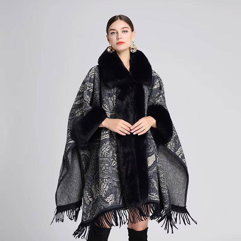 Faux Fur Fringe Shawl With Long Fur Trim