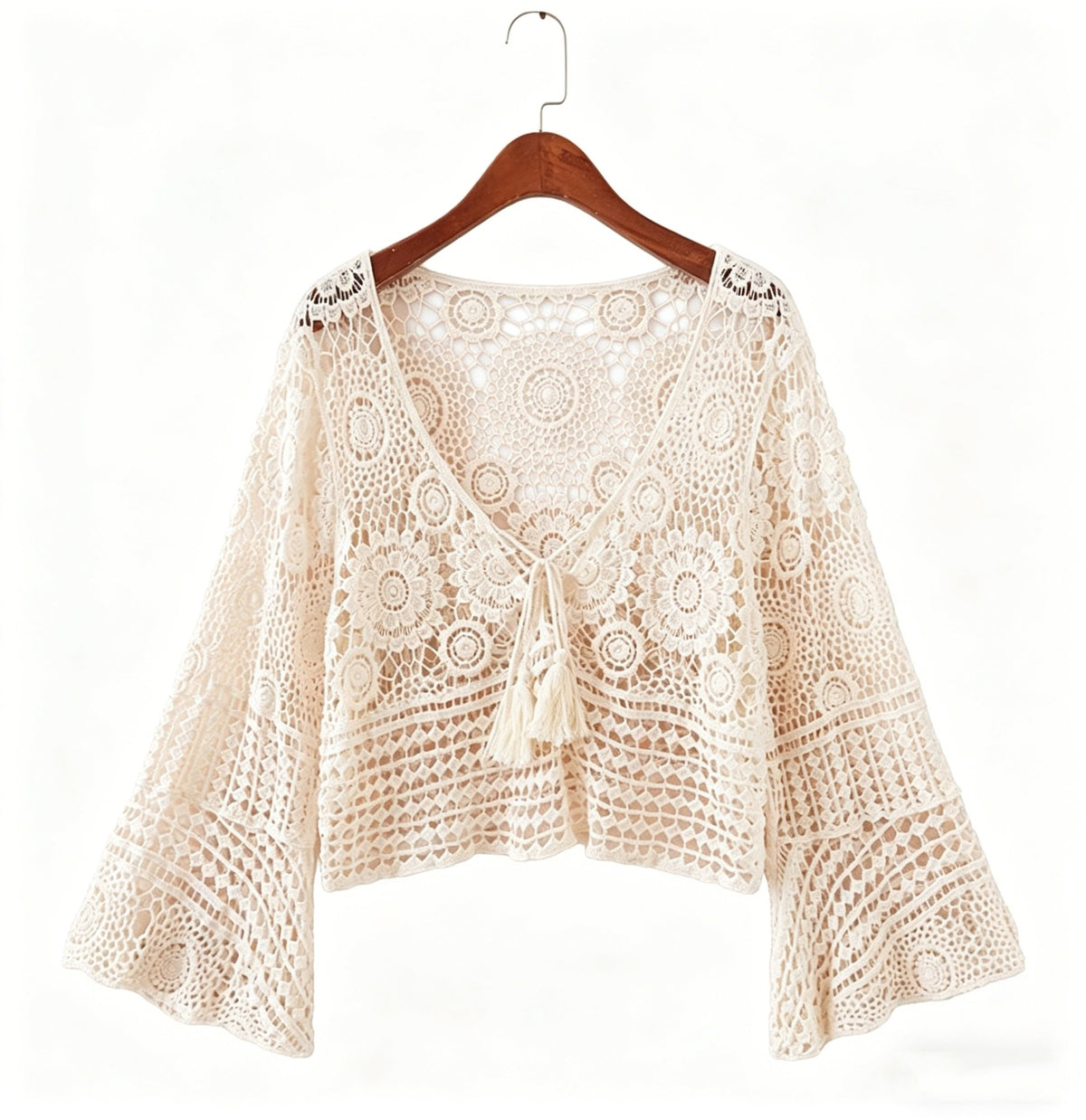 Boho Crochet Shrug Women Hollow Out Floral Tie Front Bell Sleeve