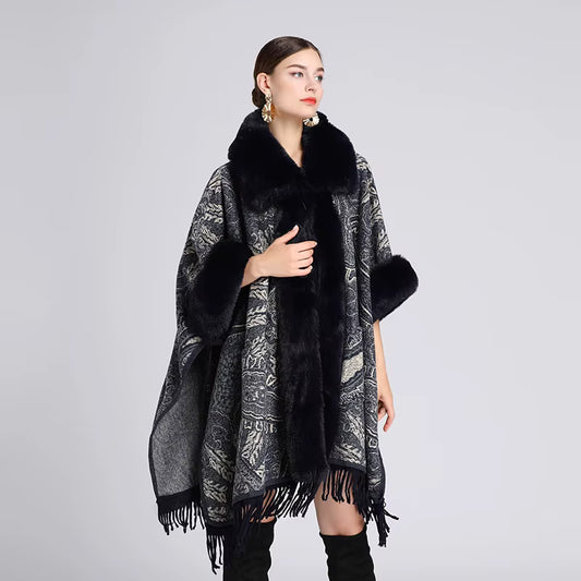 Faux Fur Fringe Shawl With Long Fur Trim