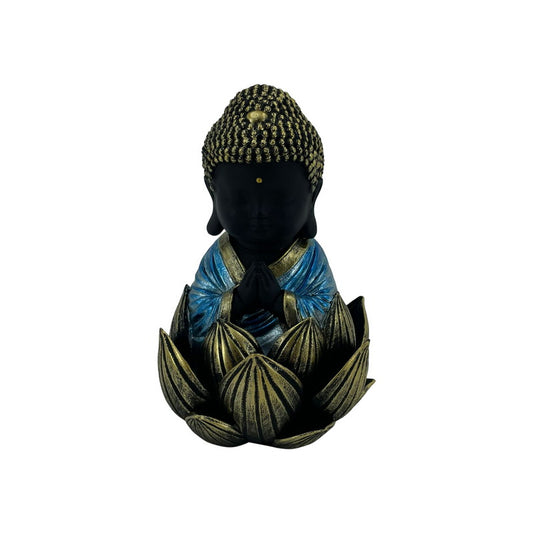 RULAI BUDDHA WITH BLUE ROBE SITTING IN LOTUS FLOWER 14CM UNIT 2