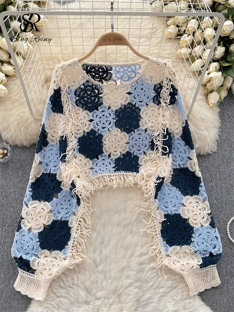Tassels Knit Hollow Out Tops Hook Flower