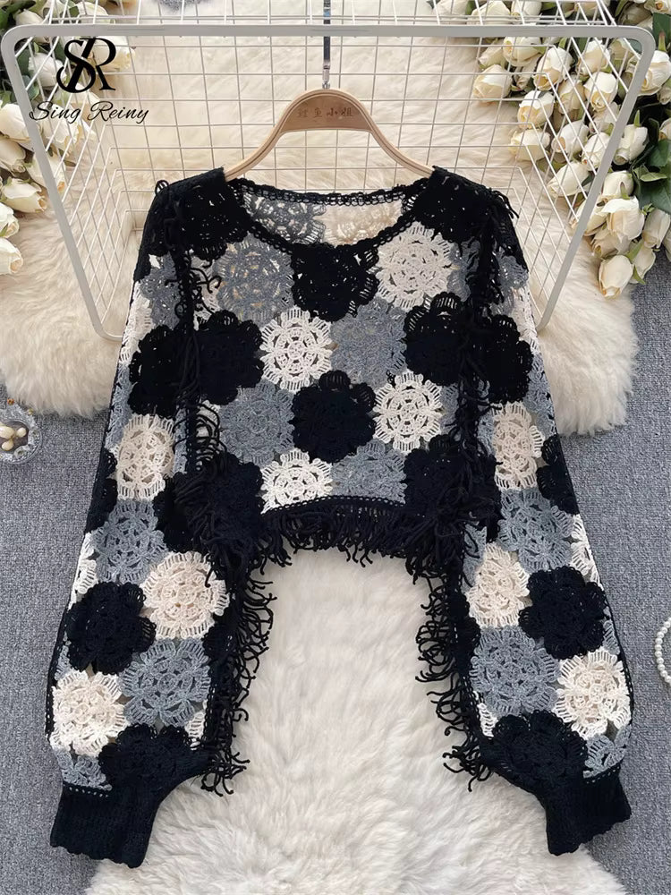Tassels Knit Hollow Out Tops Hook Flower