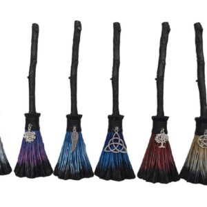 WITCHES COLOURED BROOMSTICK WITH SILVER PENDANT 20CM