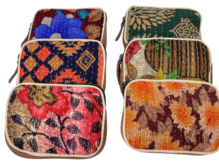 Vintage Kantha Coin Purse with Leather Back 15x12cms