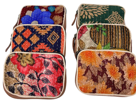 Vintage Kantha Coin Purse with Leather Back 15x12cms
