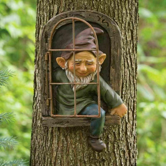 UK! Elf Out The Door /Window Tree Hugger Naughty Garden Gnome Statue Tree Decor