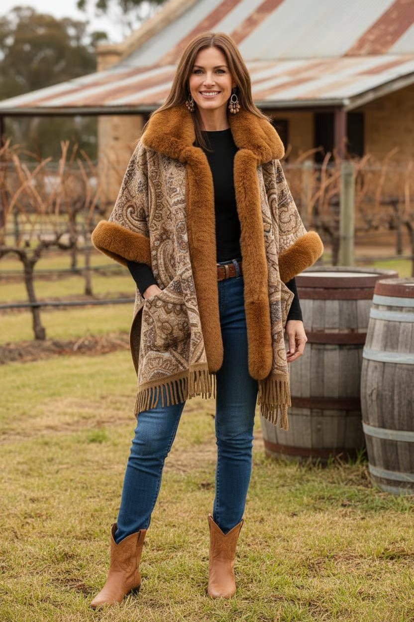 Faux Fur Fringe Shawl With Long Fur Trim